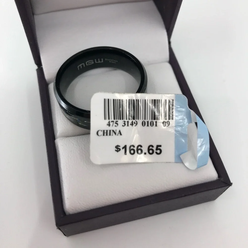 Mens Black Ceramic Carbon Fiber Stainless Steel Ring With Blue Accents Size 11.5